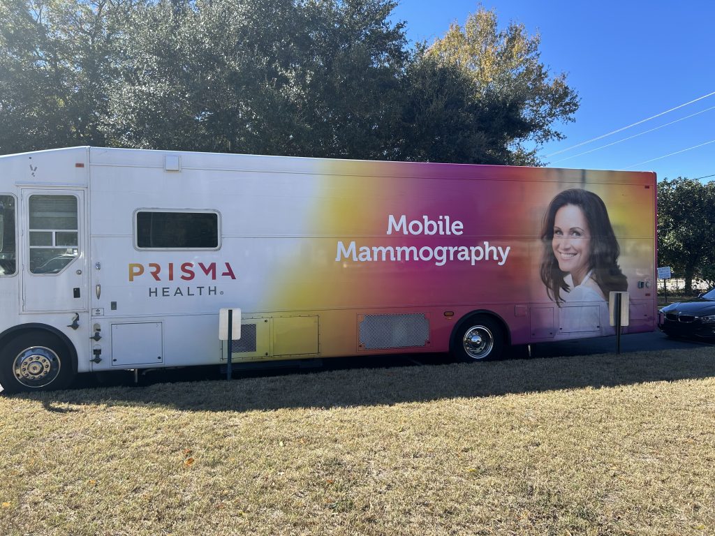 Image shows a picture of the Prisma Health Mobile Mammography bus at Francis Burns United Methodist Church for their Mobile Mammography event held on November 11th, 2025.